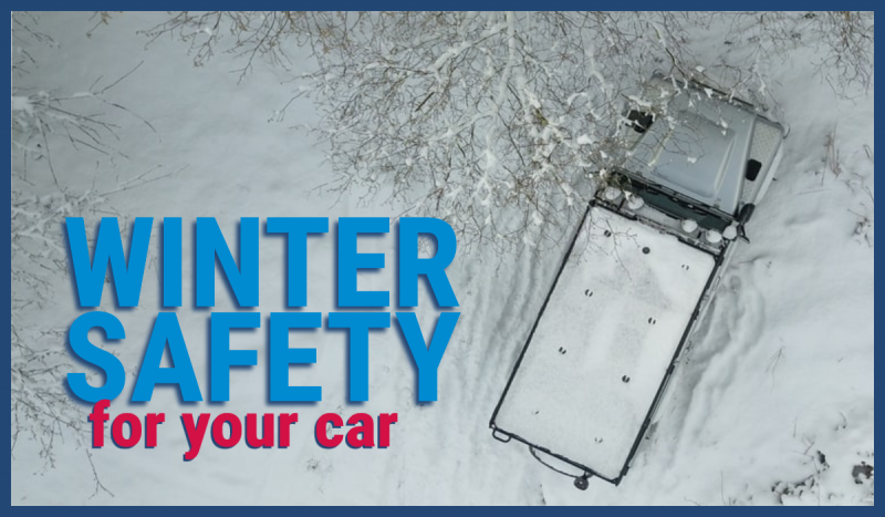 Car in snow with text