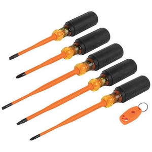 Klein® 33736INS Slim-Tip Insulated Screwdriver, 6 pc, ASTM F-1505-16/IEC 60900:2018, Steel/Plastic/Rubber Handle
