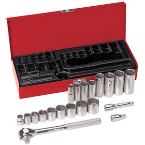 Klein® 65508 Socket Wrench Set, Standard, 3/8 in Drive, 6/12 point, 20 pc, Box Tool Storage Included, Polished Chrome
