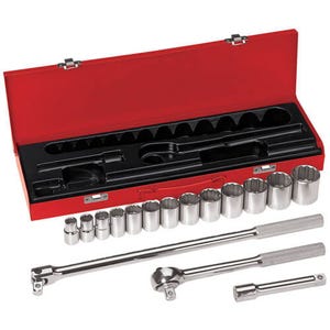 Klein® 65512 Imperial Standard Socket Wrench Set, Box Tool Storage, 5 in L Extension, 17 in L Flex Handle, 1/2 in Drive, 12-Point, 16 pcs