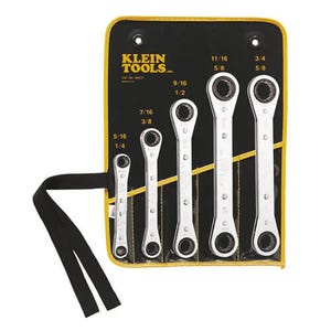 Klein® 68221 Box Wrench Set, Offset Ratcheting Standard, 5 pc, Steel, Polished Chrome
