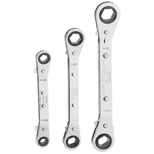Klein® 68244 Offset Ratcheting Reversible Box Wrench Set, 3 pcs, 1/4 x 5/16 in, 3/8 x 7/16 in, 1/2 x 9/16 in, Polished Chrome