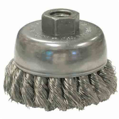 Weiler® 18215 Anderson Knot Wire Cup Brush, USC Series, 2-3/4 in dia Brush, 5/8-11 Arbor Hole, 0.02 in dia Filament/Wire