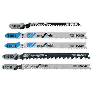 Bosch T500 General Purpose Single Cut Edge Jig Saw Blade Set, 5 pc, T-Shank, 6/10/12/14/24 TPI, 3 in, 4 in L, Bi-Metal/8% Cobalt Alloy