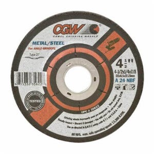 CGW® 35622 Flat Fast Cut Depressed Center Wheel, 4-1/2 in dia x 1/4 in Thick, 7/8 in Center Hole, 24 Grit, Aluminum Oxide Abrasive
