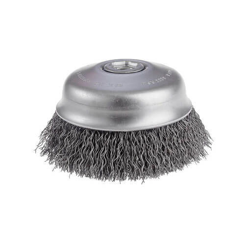 CGW® 60125 High Speed Small Grinder Premium Cup Brush, 2-3/4 in dia Brush, 5/8-11 Arbor Hole, 0.014 in dia Filament/Wire, Crimped, Stainless Steel Fill
