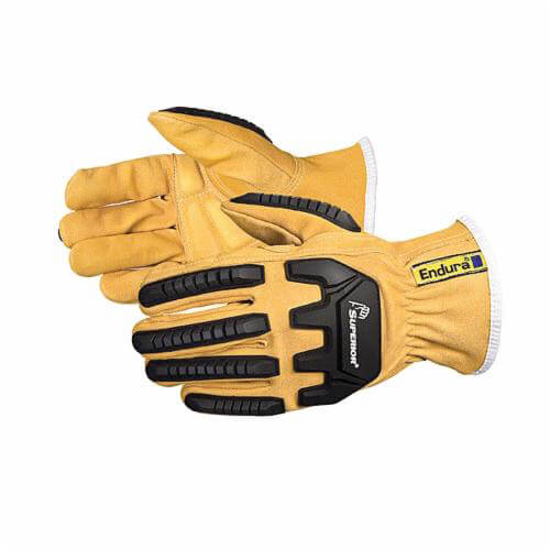 Superior Glove® 378GKGVBL Endura® Anti-Impact Driver Gloves, L, Goatskin Leather/TPR, Elastic/Knit Wrist Cuff, Tan