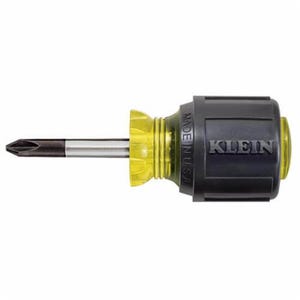Klein® 603-1 Stubby Screwdriver, Cushion-Grip®, #2 Phillips® Point, 1-1/2 in Round Steel Shank, 3-7/16 in OAL, Rubber Handle