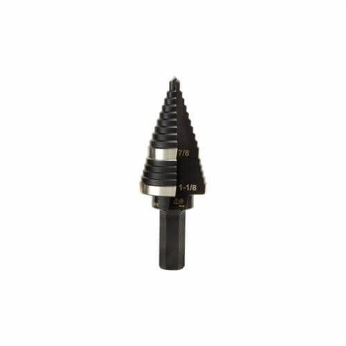 Klein® KTSB11 Step Drill Bit, Imperial, 7/8 in Min Hole dia, 1-1/8 in Max Hole dia, 2 Steps, HSS, 2 Hole Sizes, 3/8 in Shank