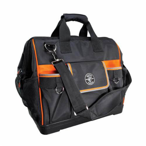 Klein® Tradesman Pro™ 55469 42-Pocket Wide Open Zipper Closure Tool Bag, 1680D Ballistic Weave, Black/Orange