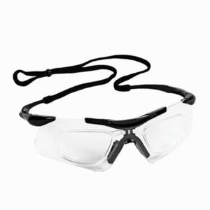 KleenGuard* 38507 V60 Nemesis® Safety Glasses with Neck Cord Nylon RX Inserts, Anti-Fog, Indoor/Outdoor Lens, Frameless, Black/Metallic Blue