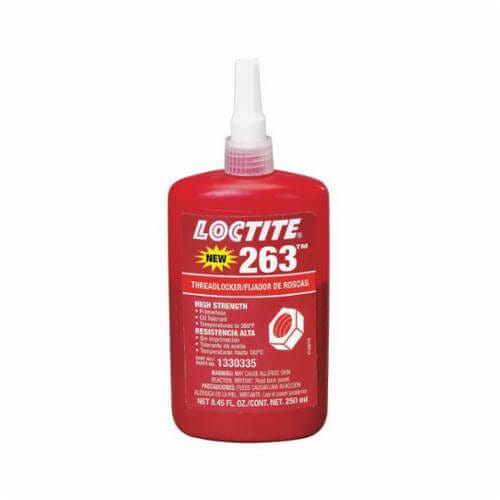 Loctite® 1330335 263™ High Strength Low Viscosity Oil Tolerant Primerless Threadlocker, 250 mL Bottle, Liquid Form, Red