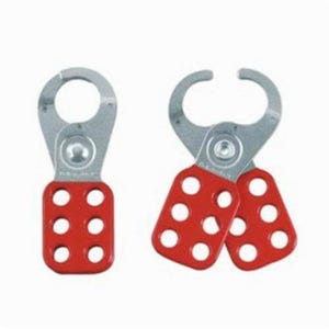 Master Lock® 421 Scissor Safety Lockout Hasp, 3/8 in Max dia Padlock Shackle, 6 Padlocks, 5 in L, Red, Steel