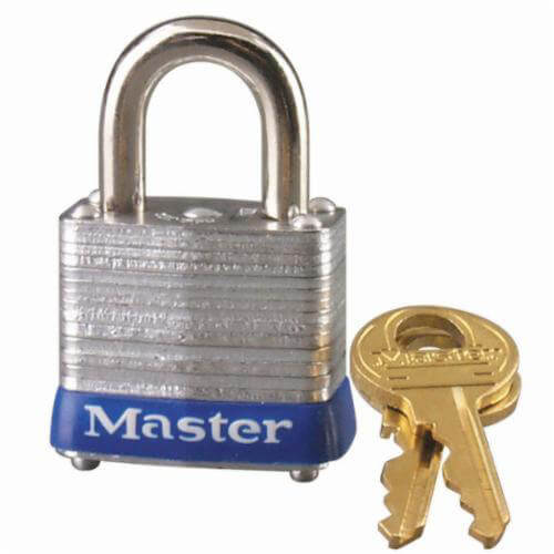 Master Lock® 7KA Non-Rekeyable Safety Padlock, Alike Key, 3/16 in Shackle, Laminated Steel Body, 4-Pin Tumbler Locking