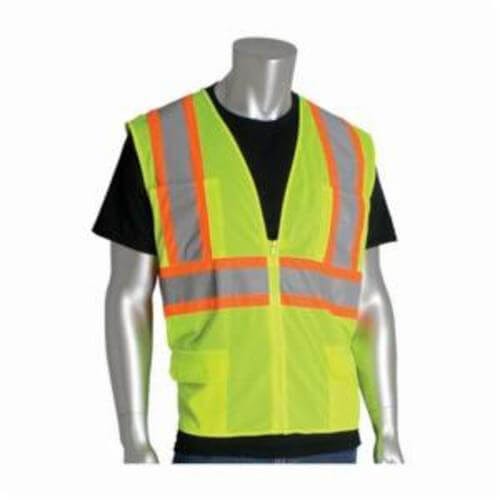 PIP® 302-MVZPLY-3X 2-Tone Safety Vest, 3XL, Hi-Viz Lime Yellow, Polyester Mesh, Zipper Closure, 6 Pockets, ANSI Class: Class 2