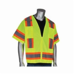 PIP® 303-0500-LY Surveyor Safety Vest, Two-Tone, Silver Stripe, Polyester/Solid Tricot, ANSI Class: 3, Zipper Closure, Hi-Viz Lime Yellow