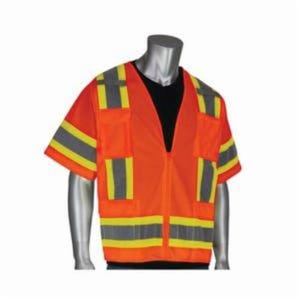 PIP® 303-0500-OR/2X 2-Tone Surveyor Safety Vest, 2XL, Hi-Viz Orange, Polyester Mesh/Solid Tricot, Zipper Closure, 11 Pockets