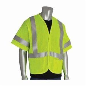PIP® 305-3100-L Arc and Flame Resistant Vest, L, Hi-Viz Lime Yellow, Solid Modacrylic/Aramid Blend Mesh Fabric, Hook and Loop Closure, 1 Pockets