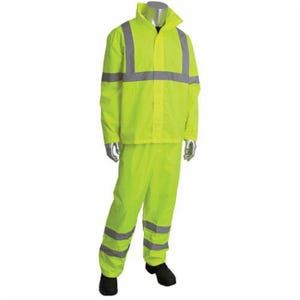 PIP® 353-1000LY-4X/5X Viz™ 2 pc Rain Suit Set, 4XL/5XL, Hi-Viz Yellow, Polyester, 64 in Waist, 33-1/2 in L Inseam, Concealable Hood