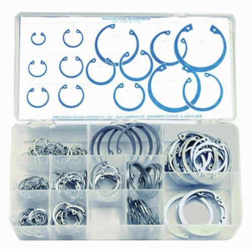 Precision Brand® 12920 Housing Ring Assortment, 1/2 to 1-3/4 in, 150 pc, Spring Steel, Zinc Plated