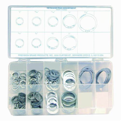 Precision Brand® 12935 Retaining Ring Assortment, 1/2 to 1-1/4 in, 140 pc, Spring Steel, Zinc Plated