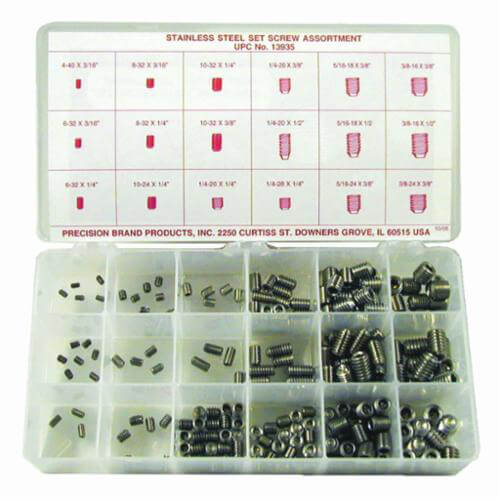 Precision Brand® 13935 Set Screw Assortment with Hexagon Recessed Head, SS, 220 pc