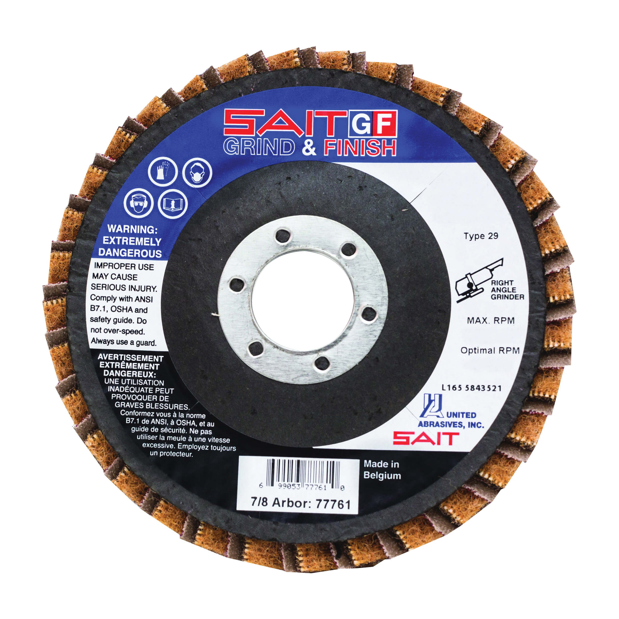 SAIT® 77720 Coated Abrasive Flap Disc, 4-1/2 in dia, 7/8 in Arbor, 60 Grit, Coarse, Type 29