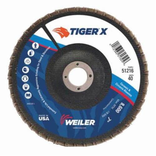 Weiler® 51214 Tiger® X Standard Density Coated Abrasive Flap Disc, 5 in dia Disc, 80 Grit, Medium Grade