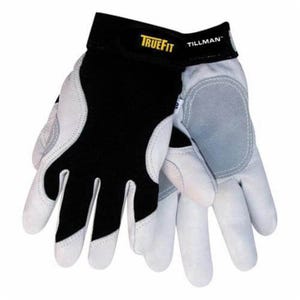 Tillman™ TrueFit™ 1470S Premium Grade General Purpose Gloves, Mechanics, S, Grain Goatskin Leather Palm, Nylon/Spandex®, Black/White, Elastic Cuff