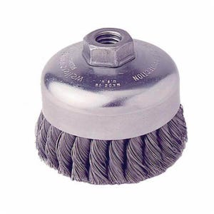Weiler® 12416 Single Row Cup Brush, 4 in dia Brush, 5/8-11 UNC Arbor Hole, 0.023 in dia Filament/Wire, Standard/Twist Knot