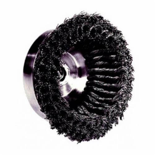 Weiler® 12766 Double Row Cup Brush, 4 in dia Brush, 5/8-11 UNC Arbor Hole, 0.02 in dia Filament/Wire, Standard/Twist Knot