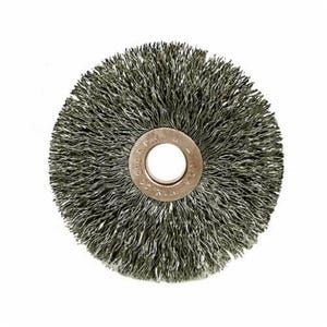 Weiler® 16933 Small dia Wheel Brush, 3 in dia Brush, 5/8 in W Face, 0.006 in dia Crimped Filament/Wire, 1/2 in Arbor Hole