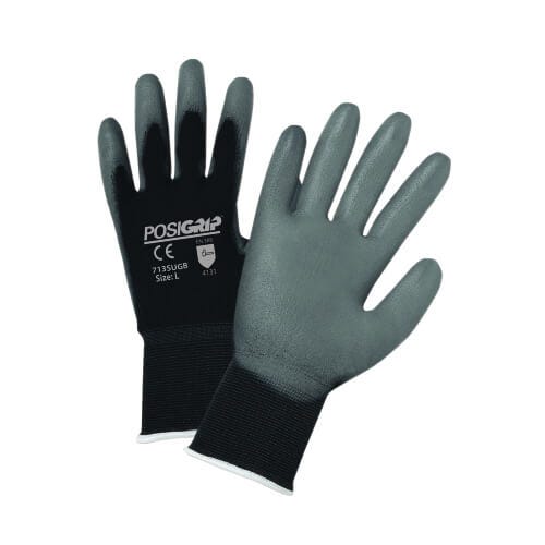 PIP® PosiGrip™ 713SUGB/M Unisex General Purpose Gloves, Coated/Work, Full-Finger Style, M, Polyurethane Palm, Nylon, Black/Gray, Ribbed Knit Wrist Cuff