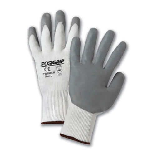 PIP® PosiGrip™ 715SNFLW/S Unisex General Purpose Gloves, Coated/Work, Full-Finger Style, S, Foam Nitrile Palm, Nylon, Gray/White, Ribbed Knit Wrist Cuff