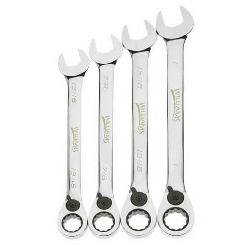 Williams® Combination Wrench Set, Ratcheting Reversible, Imperial, 13/16 to 1 in, 4 pc, 12-Point, Polished Chrome