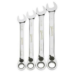 Williams® Combination Wrench Set, Ratcheting Reversible, Imperial, 13/16 to 1 in, 4 pc, 12-Point, Polished Chrome