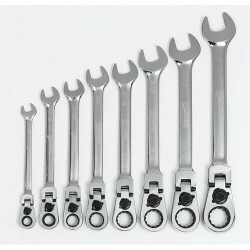 Williams® Combination Wrench Set, Ratcheting Reversible, Imperial, 5/16 to 3/4 in, 8 pc, 12-Point, Flexible Head, Polished Chrome