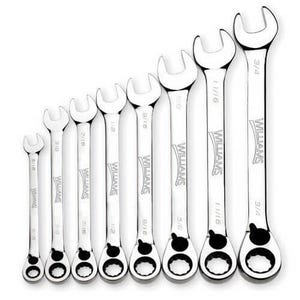 Williams® Combination Wrench Set, Ratcheting Reversible, Imperial, 5/16 to 3/4 in, 8 pc, 12-Point, Polished Chrome