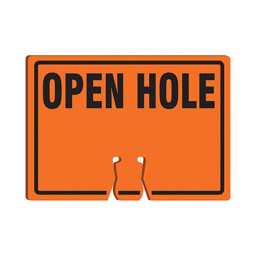 Accuform® FBC733 Traffic Cone Top Warning Sign, Text/Symbol Legend, OPEN HOLE Legend, 0.06 in Plastic, 10 in Height, 14 in Width