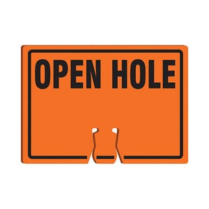 Accuform® FBC733 Traffic Cone Top Warning Sign, Text/Symbol Legend, OPEN HOLE Legend, 0.06 in Plastic, 10 in Height, 14 in Width
