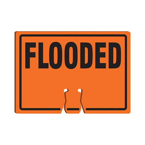 Accuform® FBC753 Traffic Cone Top Warning Sign, Text Legend, Legend: FLOODED, 0.06 in Plastic, 10 in Height, 14 in Width