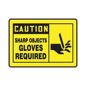 Accuform® MPPE666VP Caution Sign, CAUTION Header, Text/Symbol Legend, SHARP OBJECTS GLOVES REQUIRED (GRAPHIC) Legend