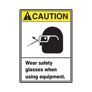 Accuform® MRPE625VA Caution Sign, CAUTION Header, Text/Symbol Legend, (ANSI) WEAR SAFETY GLASSES WHEN USING EQUIPMENT