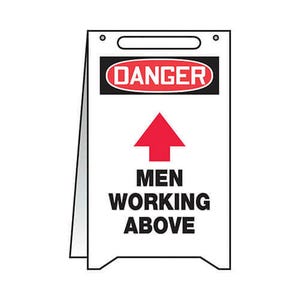 Accuform® PFR606 Floor Sign, DANGER Header, Text/Symbol Legend, DANGER MEN WORKING ABOVE (ARROW UP), 20 in H x 12 in W