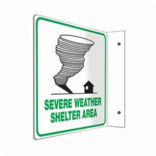 Accuform® PSP252 Projection Sign, 90D, Header: NO HEADER, Legend: SEVERE WEATHER SHELTER AREA, 0.1 in Plastic, 8 in Height, 8 in Width