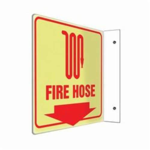 Accuform® PSP461 Projection Sign, 90D, Header: NO Header, Legend: FIRE Hose (ARROW DOWN), 0.1 in Lumi-Glow™ Plastic, 8 in Height, 8 in Width