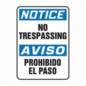 Accuform® SBMATR806VA Notice Sign, Bilingual, Header: NOTICE/AVISO, Legend: NO TRESPASSING/PROHIBIDO EL PASO, 14 in H x 10 in W