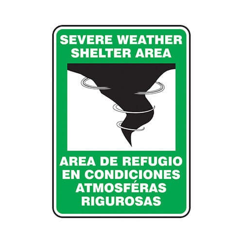 Accuform® SBMFEX524VA Safety Sign, Text Legend: SEVERE WEATHER SHELTER AREA/AREA DE REFUGIO EN CONDICIONES ATMOSFERICAS (GRAPHIC)