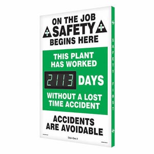 Accuform® SCK113 Electronic Safety Scoreboard, 28 in H, 20 in W, ON THE JOB SAFETY BEGINS HERE THIS PLANT HAS WORKED ___ DAYS…