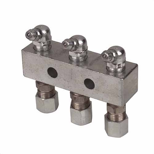 Alemite® 6135 Header Block, 3-Point, 1/8 in Female NPTF Thread, 2-3/4 in OAL, Steel, Zinc Clear